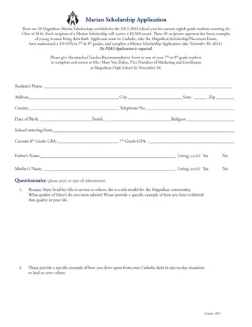 Marian Scholarship Application Form Preview
