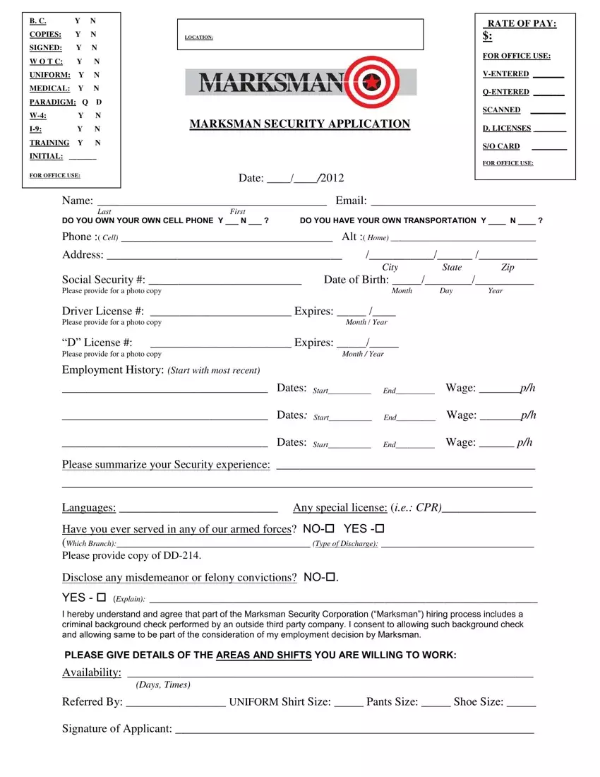 Marksman Security Form first page preview