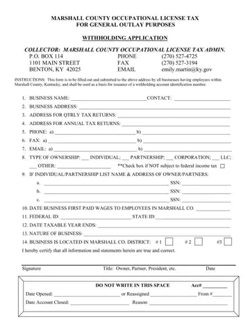 Marshall County Occupational License Tax Form Preview