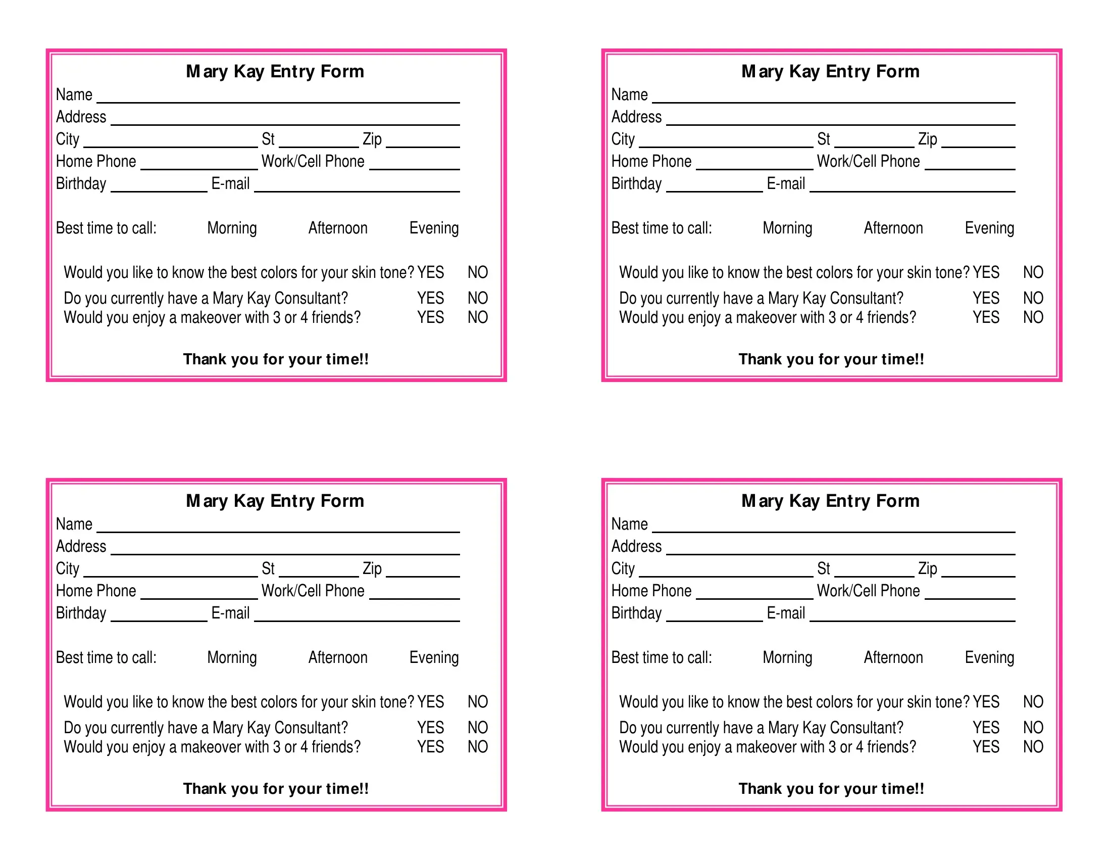 Mary Kay Entry Form Preview