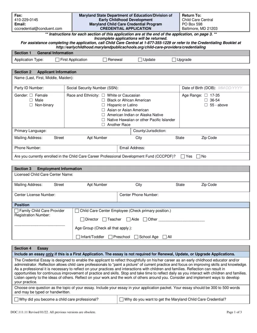 Maryland Credentialing Application first page preview