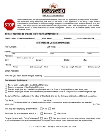 Maryland Employment Application Form Preview