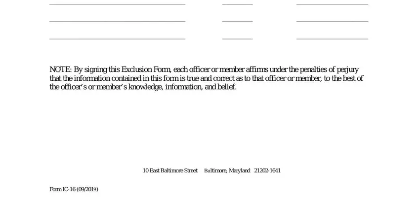 form exclusion NOTE By signing this Exclusion, East Baltimore Street, Baltimore Maryland, and Form IC fields to fill