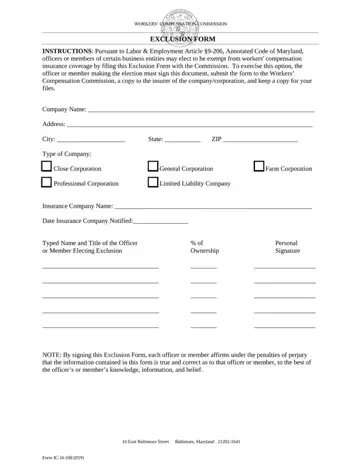 Maryland Exclusion Form Preview