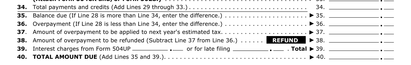 Form 504 example filled out, balance due, overpayment and total amount due