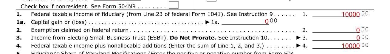 Form 504 example filled out, federal taxable income of fiduciary, exemption and Electing Small Business Trust income