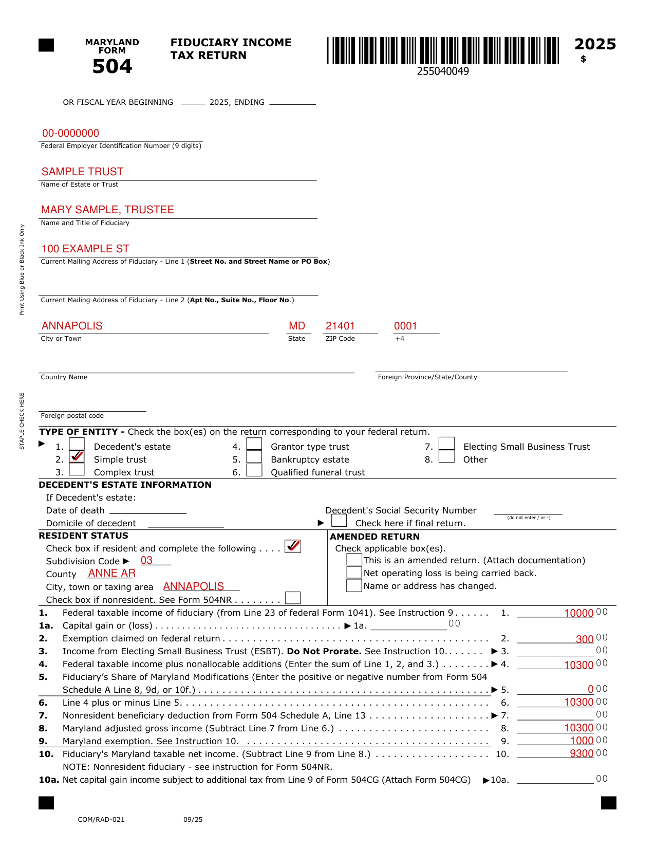 Form 504 example filled out, example: a resident simple trust