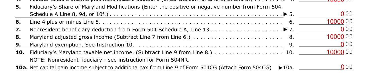 Form 504 example filled out, maryland adjusted gross income, Maryland exemption and Fiduciary's Maryland taxable net income
