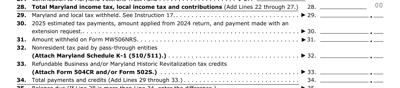 Form 504 example filled out, maryland and local tax withheld, estimated tax payments and payments and credits
