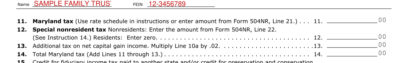 Form 504 example filled out, maryland tax, special nonresident tax and additional tax on net capital gain income