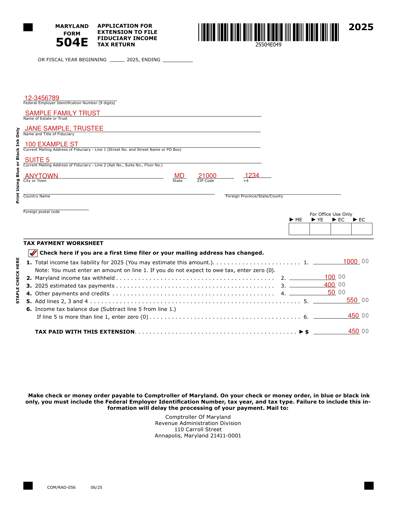 Form 504E example filled out, example: a trustee requests the extension