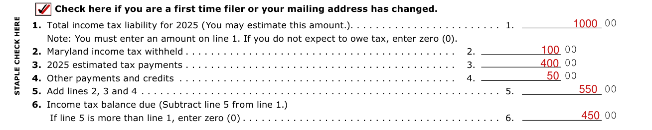 Form 504E example filled out, tax payment worksheet