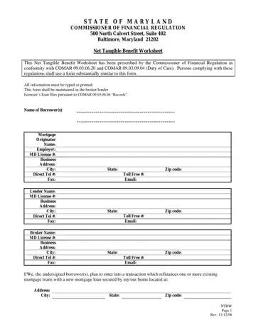 Maryland Net Tangible Benefit Worksheet Form Preview