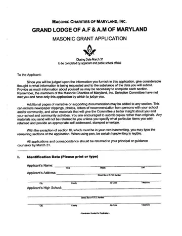 Masonic Lodge Scholarship Application Maryland Form Preview
