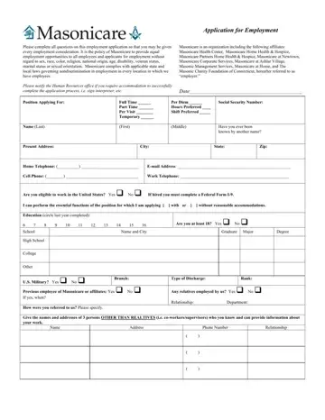 Masonicare Employment Application Form Preview
