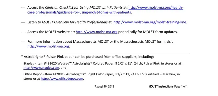 molst massachusetts Access the Clinician Checklist, Listen to MOLST Overview for, Access the MOLST website at, For more information about, httpwwwmolstmaorg, Astrobrights Pulsar Pink paper, Staples  Item  Wausau Astrobrights, Office Depot  Item  Astrobrights, August, and MOLST Instructions Page  of blanks to insert
