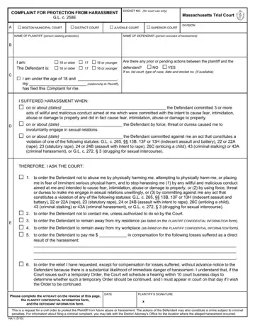 Massachusetts Protection Harassment Form Preview