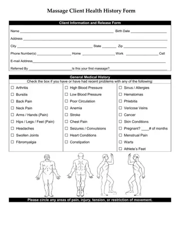 Massage Health History Form Preview