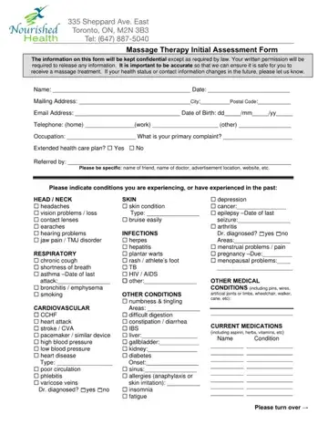Massage Therapy Initial Assessment Form Preview