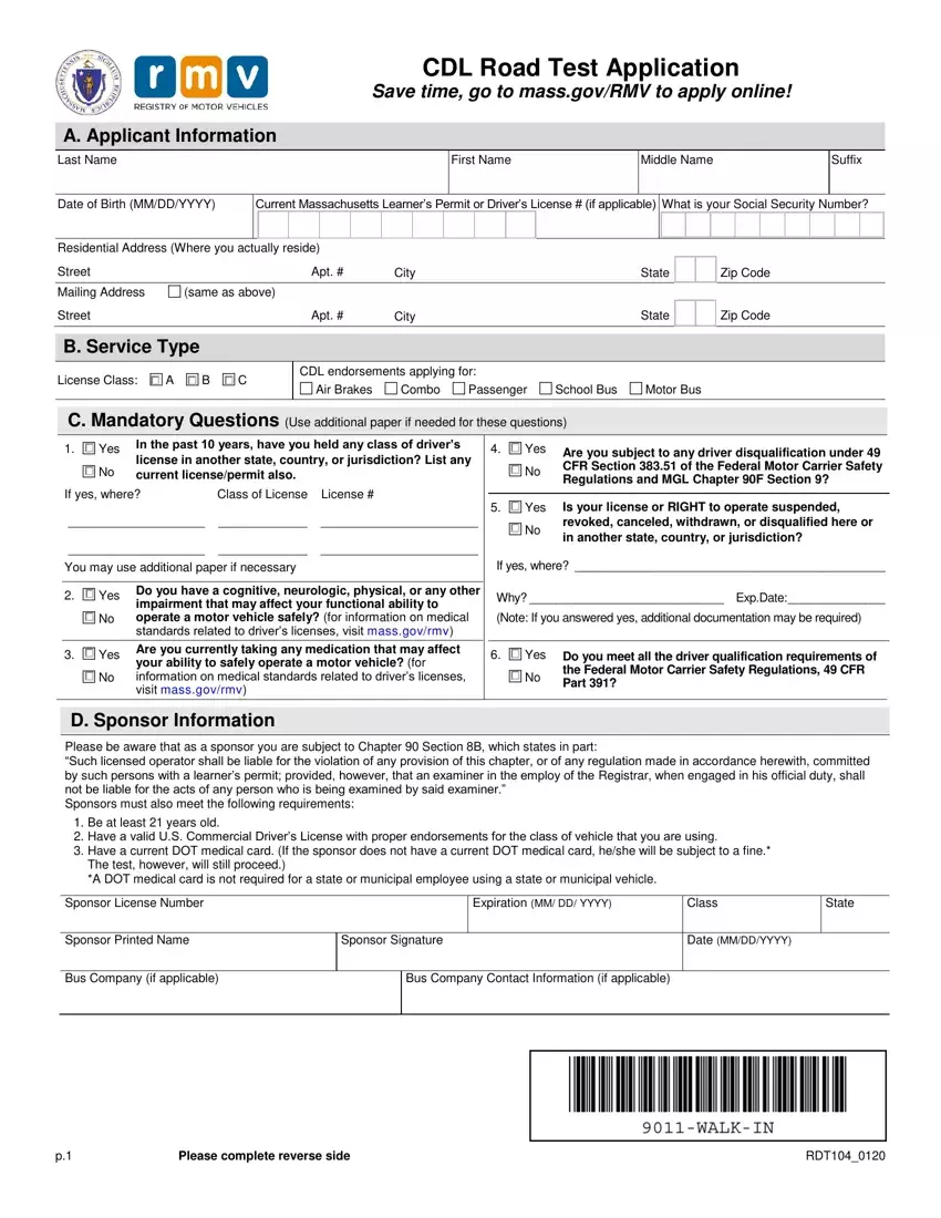 Massdot Cdl Road Test Application first page preview