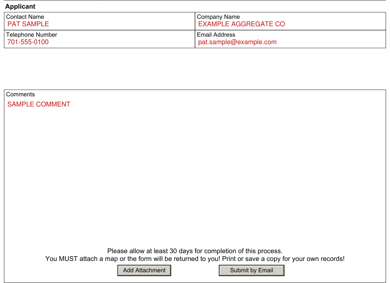 Form SFN 58466 example filled out, applicant and Comments