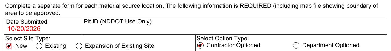 Form SFN 58466 example filled out, date Submitted and Pit ID