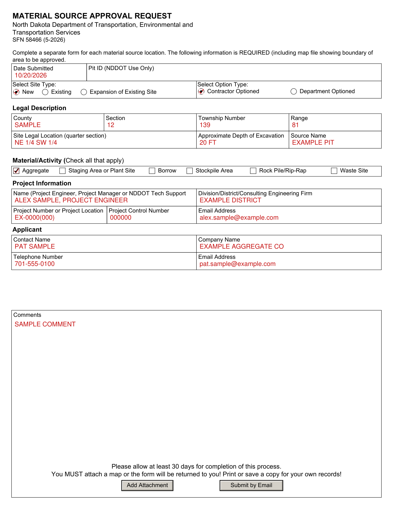 Form SFN 58466 example filled out, example: a contractor requests approval of a new pit