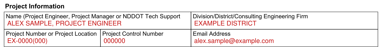 Form SFN 58466 example filled out, project Information