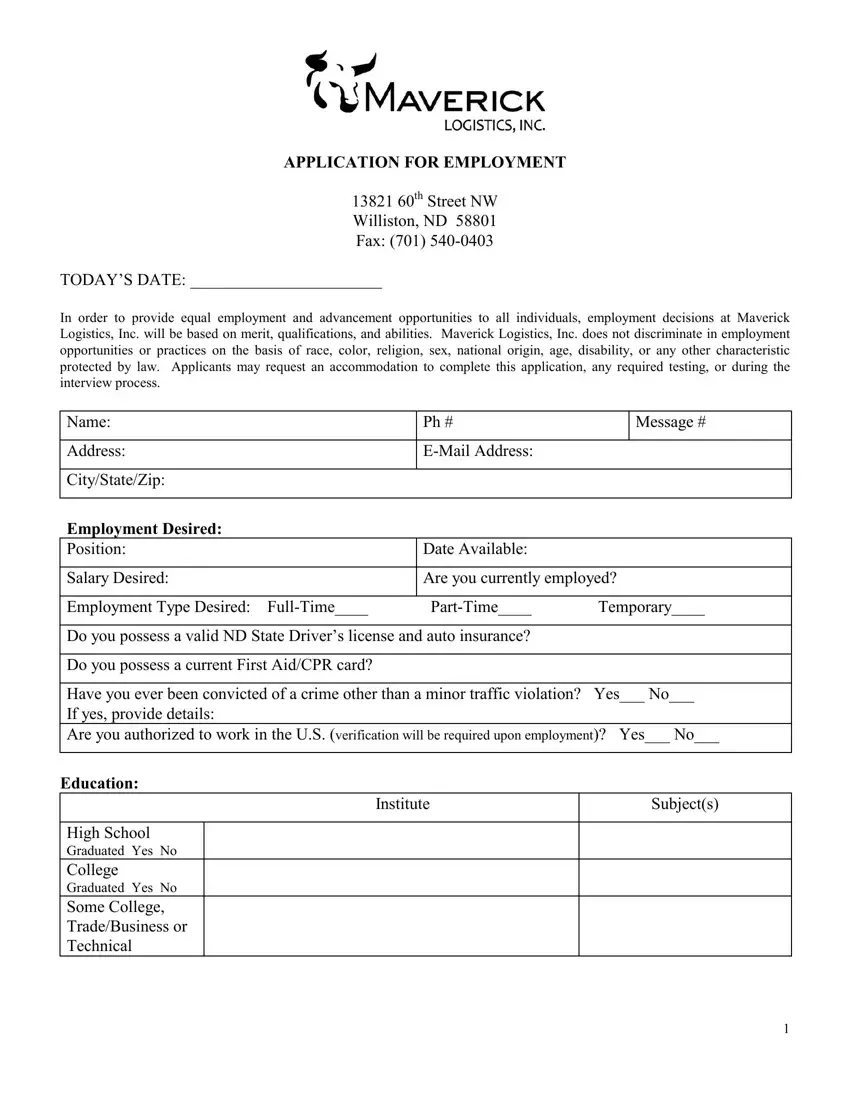 Maverick Employment Application first page preview