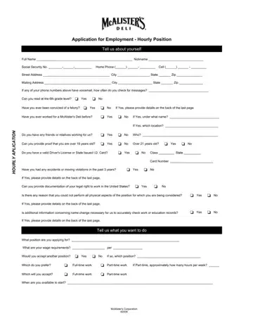 Mcalister's Job Application Form Preview