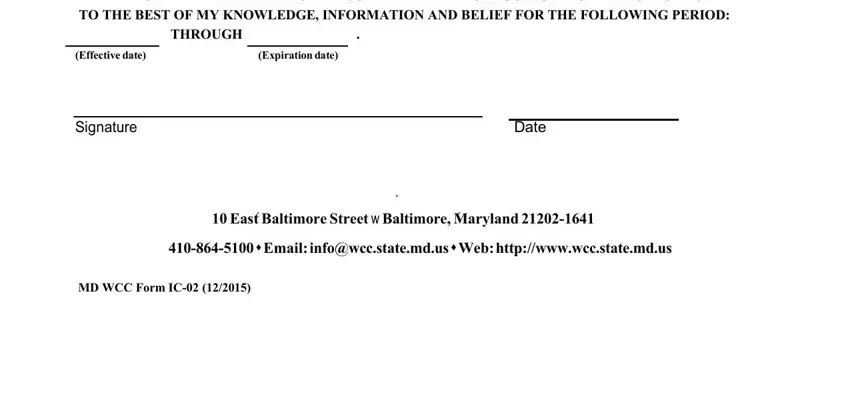 maryland sole proprietor THROUGH, Effectivedate, Expirationdate, Signature, Date, and MDWCCFormIC fields to fill out