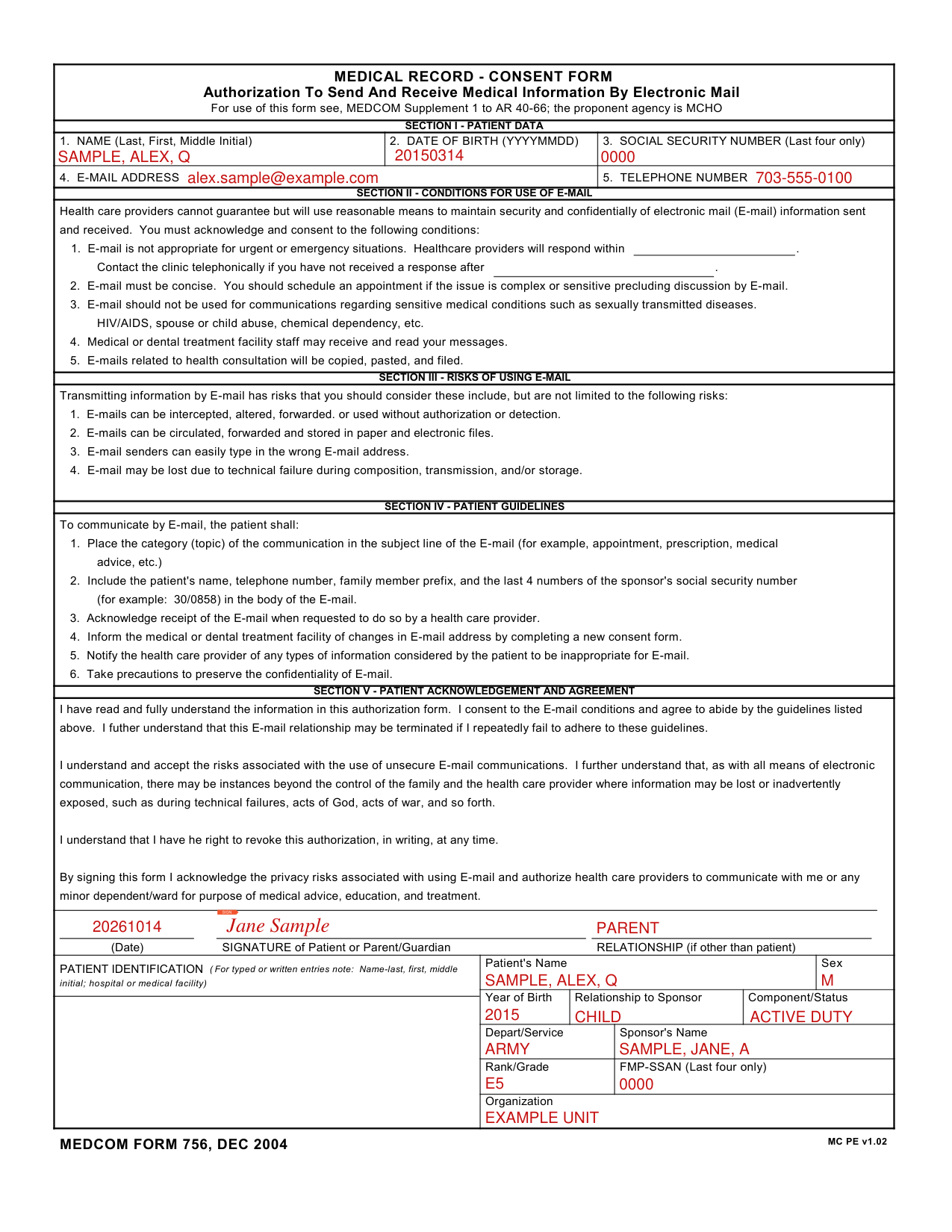 Medcom Form 756 example filled out, example: a parent signs for a minor child
