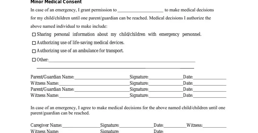 medical consent letter for babysitter Minor Medical Consent, In case of an emergency I grant, to make medical decisions, for my childchildren until one, above named individual to make, Sharing personal information about, Authorizing use of lifesaving, Authorizing use of an ambulance, Other, ParentGuardian Name Witness Name, Signature Signature Signature, Date Date Date Date, In case of an emergency I agree to, Caregiver Name Witness Name, and Signature Signature fields to fill