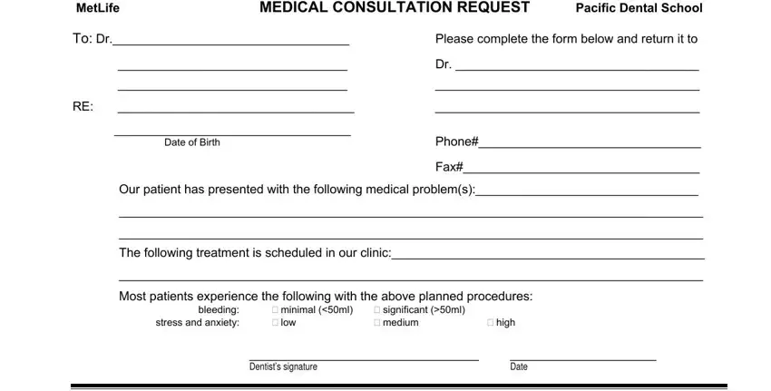 dental medical consultation request form for clerance spaces to fill in