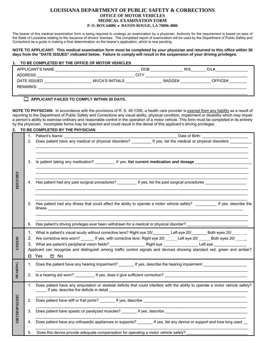 Medical Examination Form Louisiana first page preview