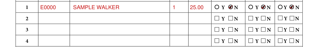Form F00030 example filled out, item Number, HCPCS Code and Description of DME/Medical Supplies