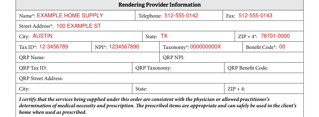 Form F00030 example filled out, rendering Provider Information