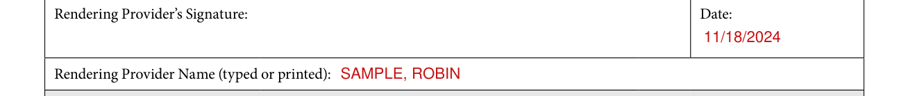 Form F00030 example filled out, rendering Provider's Signature and Date