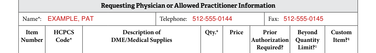 Form F00030 example filled out, requesting Physician or Allowed Practitioner Information