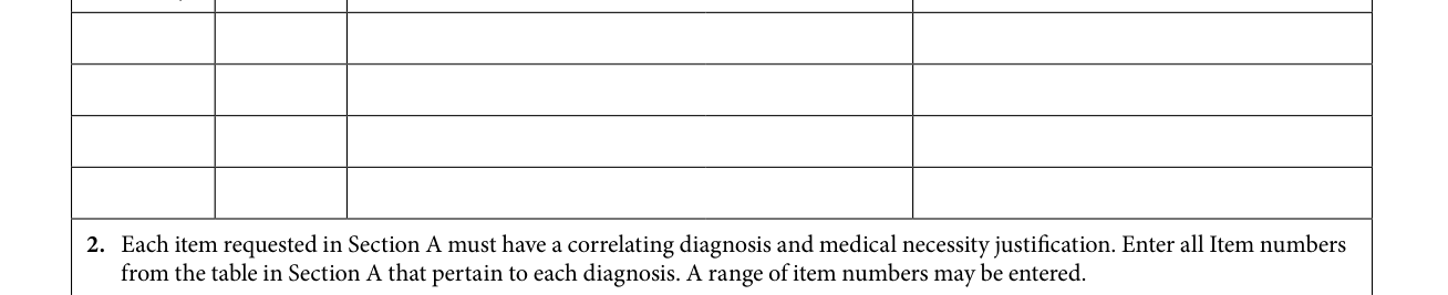 Form F00030 example filled out, section B: Diagnosis and Medical Need Information