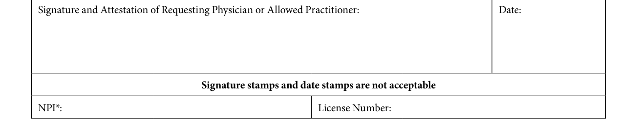 Form F00030 example filled out, signature and Attestation of Requesting Physician or Allowed Practitioner