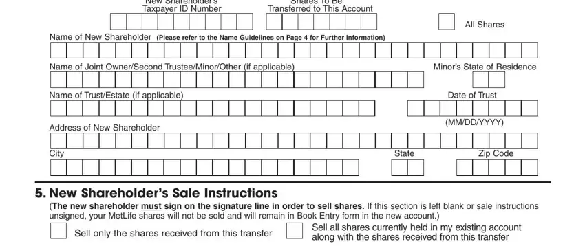 metlife stock transfer form computershare New Shareholders Taxpayer ID Number, Shares To Be Transferred to This, Name of New Shareholder Please, All Shares, Name of Joint OwnerSecond, Minors State of Residence, Name of TrustEstate if applicable, Address of New Shareholder, City, Date of Trust, MMDDYYYY, State, Zip Code, New Shareholders Sale Instructions, and The new shareholder must sign on blanks to complete