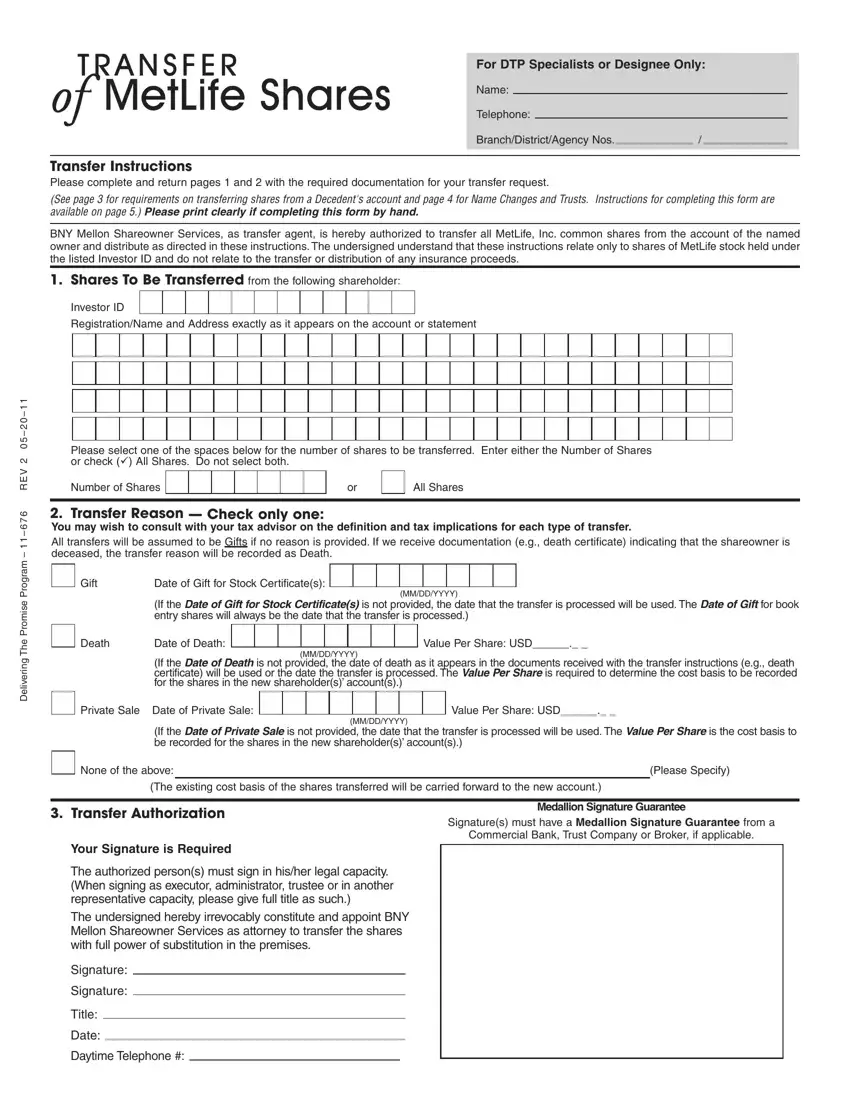 Met Life Stock Transfer Form first page preview