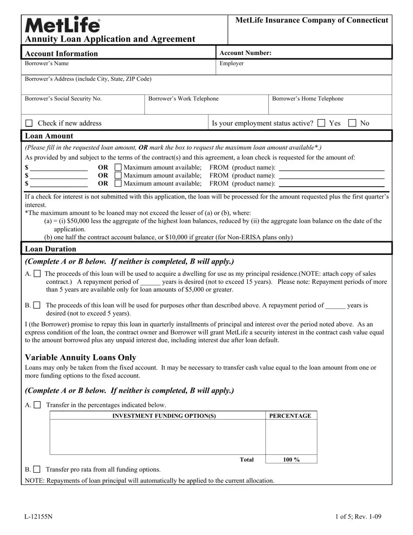 Metlife Annuity Loan Application first page preview