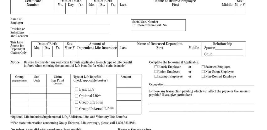 metlife death claim form Certificate, Number, DateofDeath, Day, DateofBirth, Day, Last, NameofInsuredEmployee, First, Sex, MiddleMorF, NameofEmployer, DivisionorSubsidiaryandLocation, DateofBirth, and Sex fields to fill out
