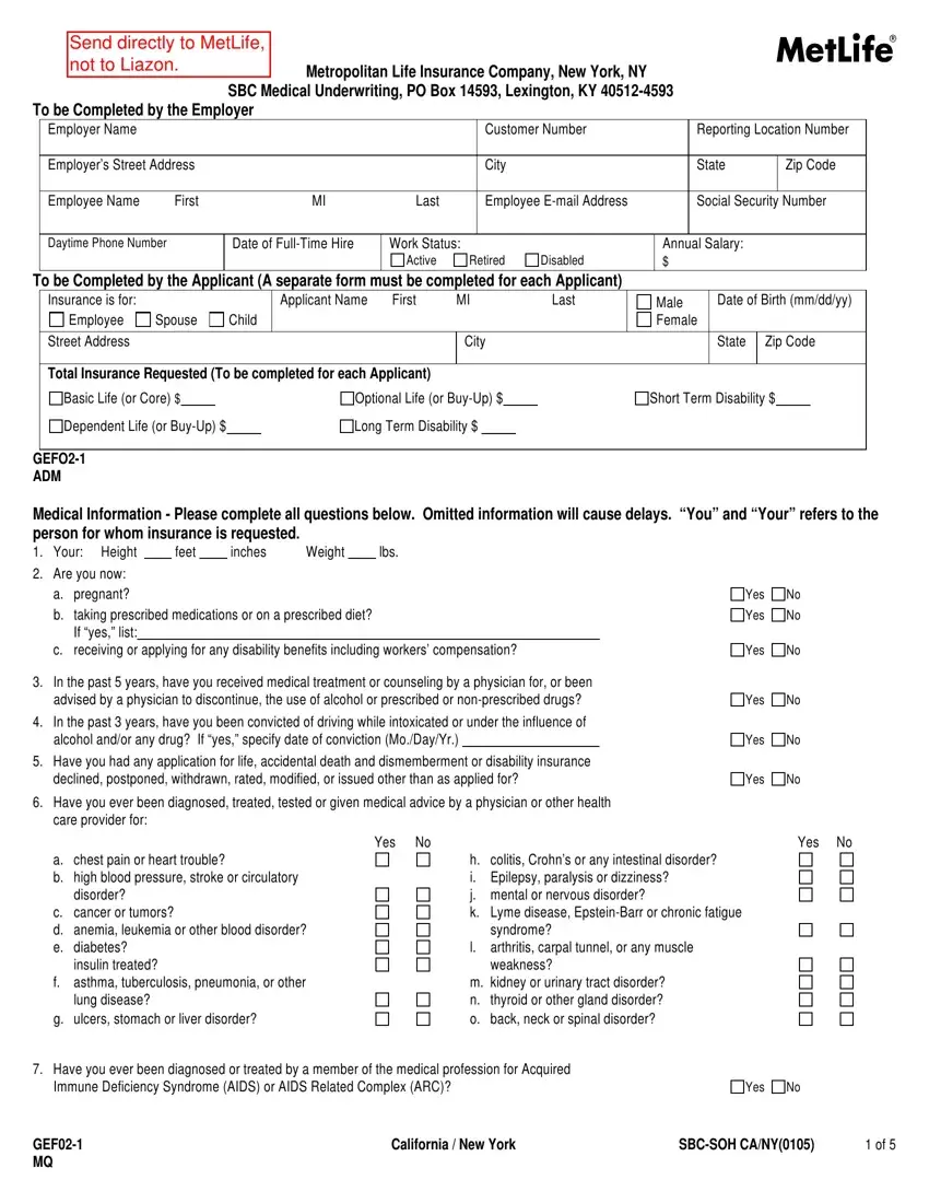 Metlife Statement Of Health Form first page preview