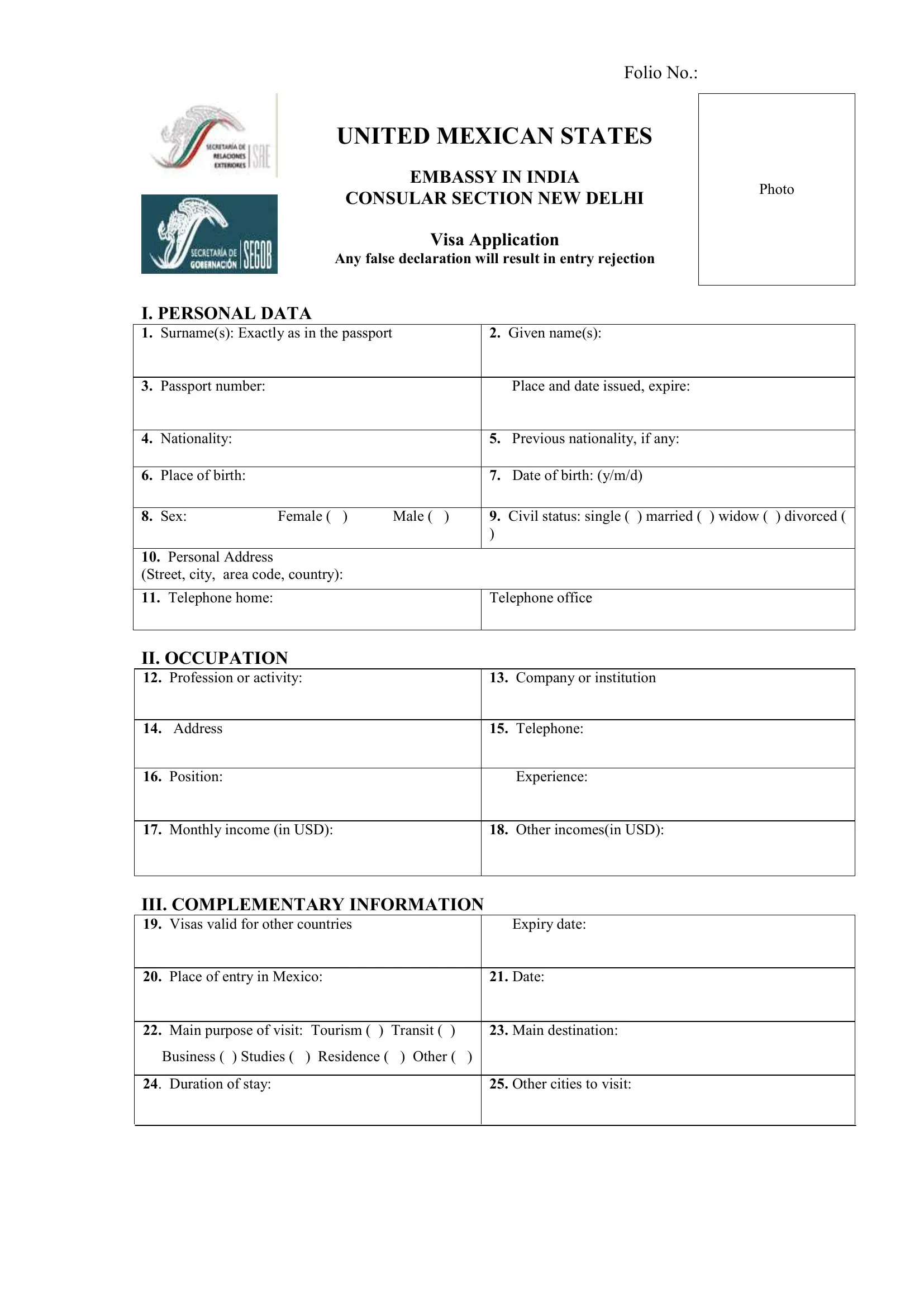 Mexico Visa Application Form Fill Out Printable PDF Forms Online