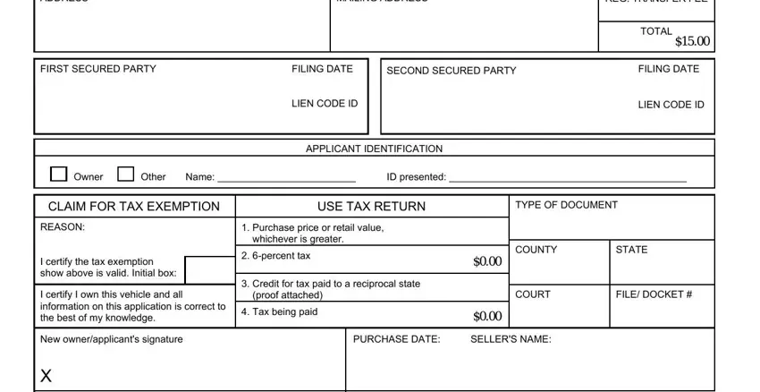 michigan app title ADDRESS, MAILING ADDRESS, REG TRANSFER FEE, TOTAL, FIRST SECURED PARTY, FILING DATE, SECOND SECURED PARTY, FILING DATE, LIEN CODE ID, LIEN CODE ID, APPLICANT IDENTIFICATION, Owner, Other, Name, and ID presented blanks to complete