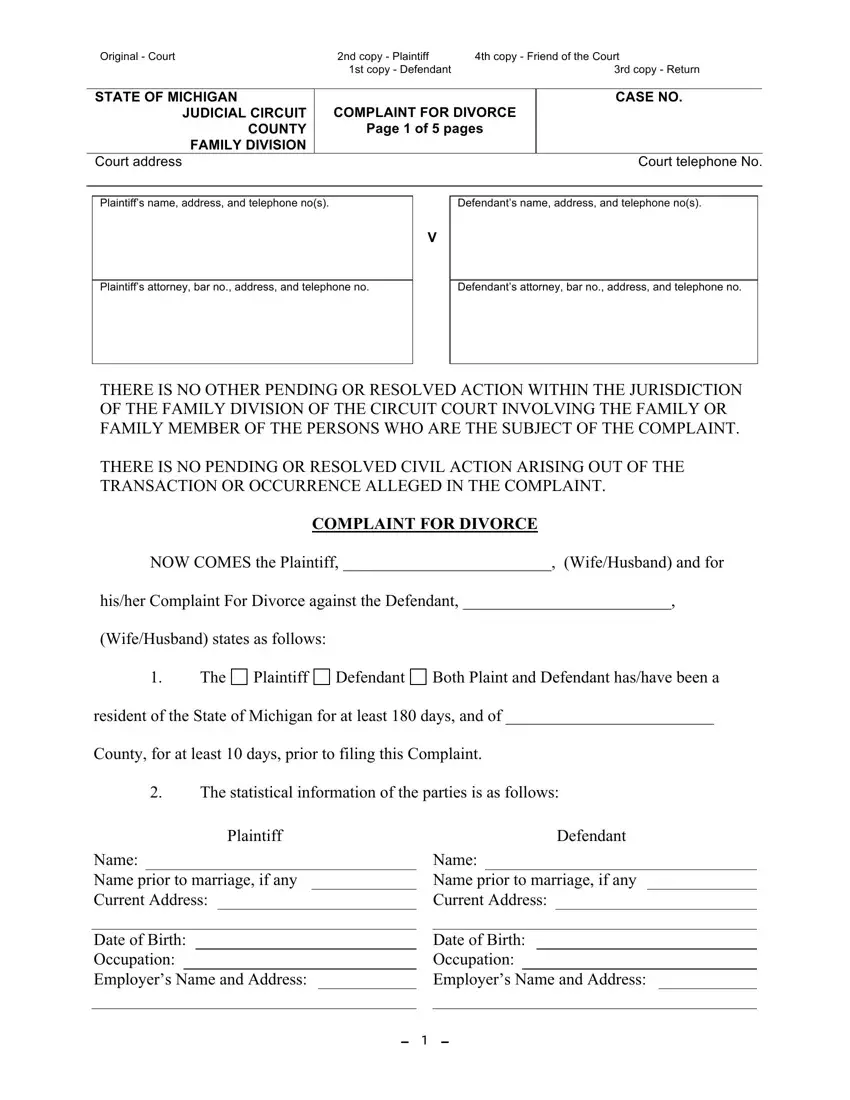 Michigan Complaint Divorce Form first page preview