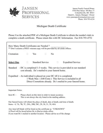 Michigan Death Certificate Form Preview